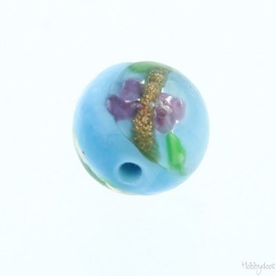Kraal 13 mm glas - blauw met bloem CF1\71200\c 6 stuks op=op 