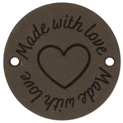 Leren Label rond - Made With Love 03 bruin grijs 35 mm 2 stuks 