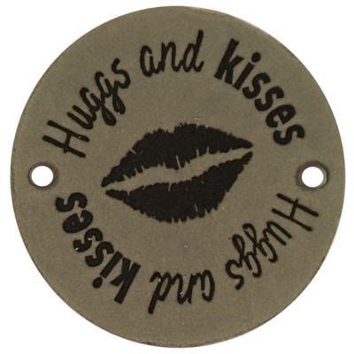 Leren Label rond - Hugs and Kisses 02 groen 35 mm 2 stuks 
