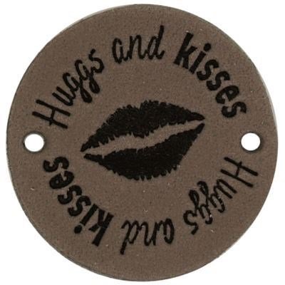 Leren Label rond - Hugs and Kisses 03 bruin grijs 35 mm 2 stuks 