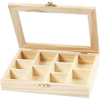 Houten opbergdoos met glazen deksel 15,5x20x3,5