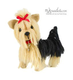 Yorkshire Terrier gemaakt van lint, band, franje, strikjes, bloemen