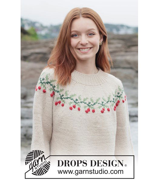 Breipatroon Wollen kersttrui met bessenpatroon en ronde pas