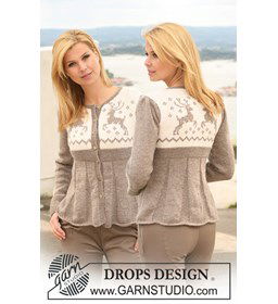 Gebreid DROPS vest van Karisma met pofmouwen en rendierpatroon op de pas. Maat S tot en met XXXL.