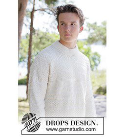 Top-down gebreide herentrui met reliëfpatroon gemaakt van Drops Lima