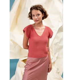 Damesshirt met korte in ajoupatroon gebreide mouwtjes gemaakt van Lang Yarns Baby Cotton