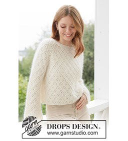 Luchtige damestrui Lace Diamond Sweater met raglan en elegant kantpatroon gemaakt van Drops Alpaca