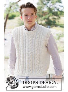 Breipatroon klassiek heren gilet met kabelpatroon gemaakt van Drops Nepal