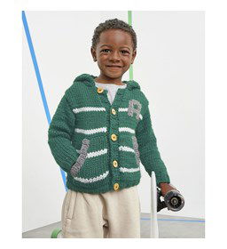 Gestreepte kindertrui met capuchon gemaakt van Phildar Phil Rapido