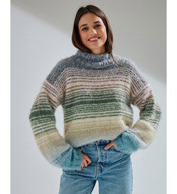 Meerkleurige damestrui met opstaande halsboord gemaakt van Phildar Phil Beaugency