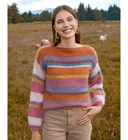 Gestreepte trui met rechte hals gemaakt van Phildar Phil Mohair Soie Lurex