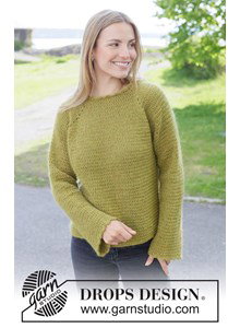 Haakpatroon damestrui met raglanmouwen mossy ridge sweater gemaakt van Drops Alpaca