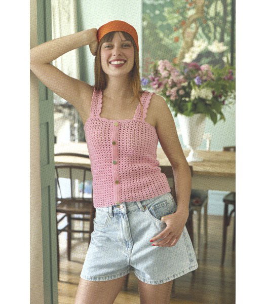 Haakpatroon damestop in fantasiepatroon met schelprand schouderbandjes