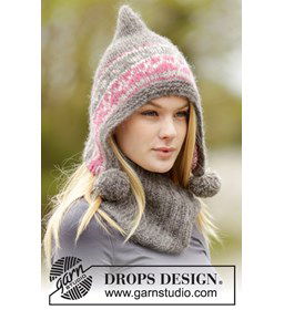 Gebreide muts met pompons en halswarmer gemaakt van Drops Brushed Alpaca Silk