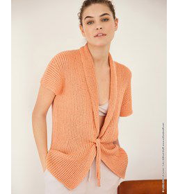 Damesvest met sjaalkraag en striksluiting gemaakt van Lana Grossa Linarte