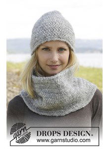 Gebreide muts en halswarmer met visgraatpatroon in Cloud of Eskimo