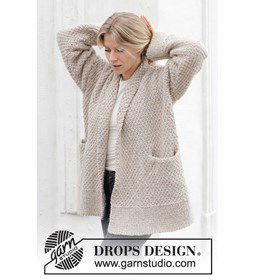 Lang damesvest met zakken gemaakt van DROPS Soft Tweed