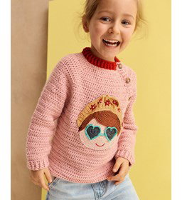 kindertrui met applicatie zomershoofd gemaakt van knopen