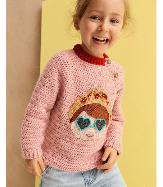 Haakpatroon kindertrui met applicatie zomershoofd