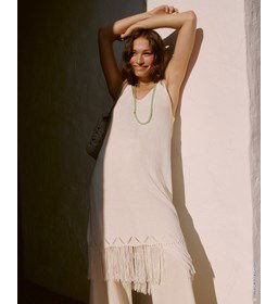 Dames tuniek met ajour en franjes gemaakt van Lana Grossa Solo Lino