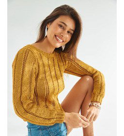 Korte damestrui met verticaal ajourpatroon gemaakt van Phildar Phil Divin