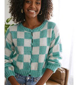 Geblokt damesvest gemaakt van Phildar Phil Irise