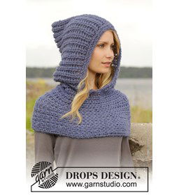 Gebreide halswarmer met capuchon in valse patentsteek van 2 draden Brushed Alpaca Silk. Maat: S - XXXL