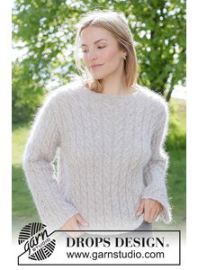 Breipatroon damestrui met kabels en diagonale schouders gemaakt van Drops Kid Silk