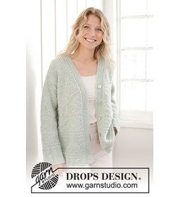 Damesvest met reliëfpatroon en sjaalkraag gemaakt van Drops Air