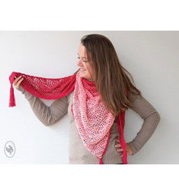 Driehoekige sjaal met open gehaakt waaierpatroon. gemaakt van Durable Colour Cake