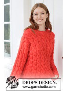 Breipatroon gebreide top-down trui met rijke kabelpatronen gemaakt van Drops Kid Silk