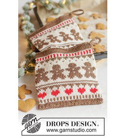 Gebreide pannenlappen met gemberkoek & hartjes gemaakt van Drops Muskat