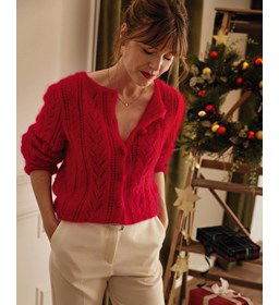 Damesvest in ajourpatroon gemaakt van Phildar Phil Mohair Soie