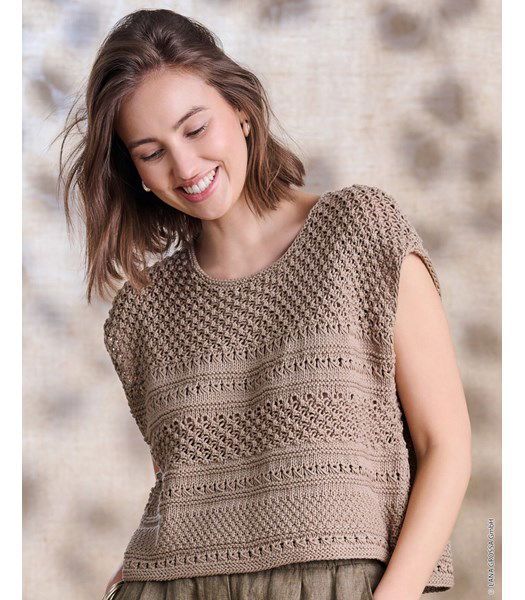 Breipatroon kort mouwloos truitje met ronde hals