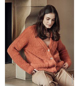 Damesvest met V-hals en knoopsluiting gemaakt van knopen