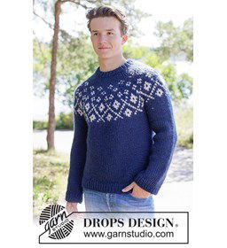 Grof gebreide herentrui met Noors inbreipatroonSnow gemaakt van Drops Snow - Eskimo