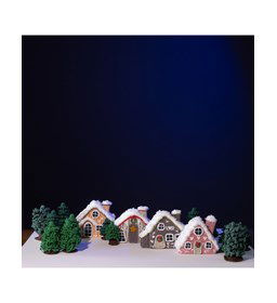 Kersthuisjes Mr Cey Cottages gemaakt van Lang Yarns Quattro, Quattro Lame en Quattro color