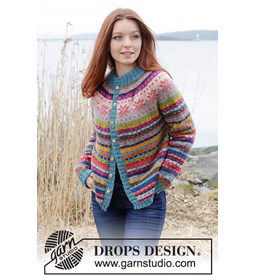 Veelkleurig damesvest met knoopsluiting gemaakt van Drops Karisma