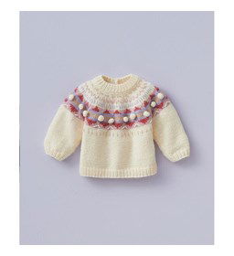 Kindertrui met gekleurde baan die doorloopt in voor-, achterpand en mouwen.