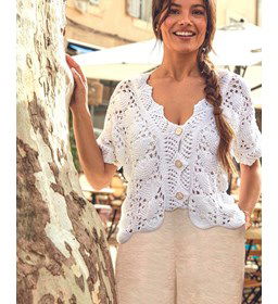 Damesvest met schulprand gemaakt van Phildar Phil Green