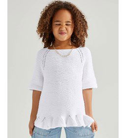 Kindertrui met gerimpelde rand over de heupen gemaakt van Phildar Phil Love Coton