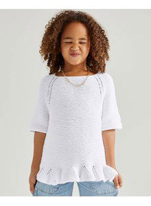 Kindertrui met gerimpelde rand over de heupen