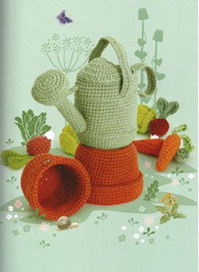 Haakpatroon gieter, bloempotten en groente gemaakt van Drops Paris