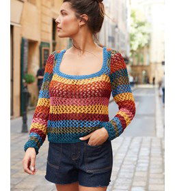 Damestrui met wijde hals gemaakt van Phildar Phil Eucalyptus