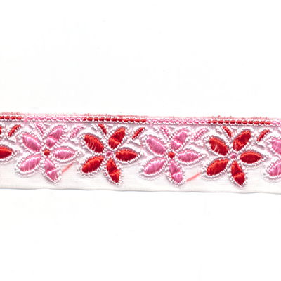 Lint 25 mm voile met bloemen roze rood 50 cm op=op 