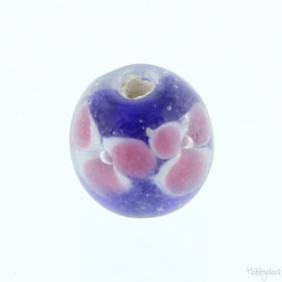 Kraal 11 mm glas - paars met bloem CF1\70800\c 6 stuks op=op 