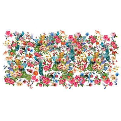 Stenzo tricotstof pauw, papagaai met bloemen - wit panel ca 120 cm 