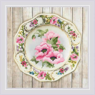 Borduurpakket plate with pink poppies op=op uit collectie 