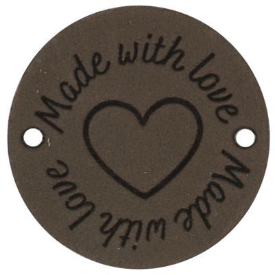 Leren Label rond - Made With Love 03 bruin grijs 35 mm 2 stuks 