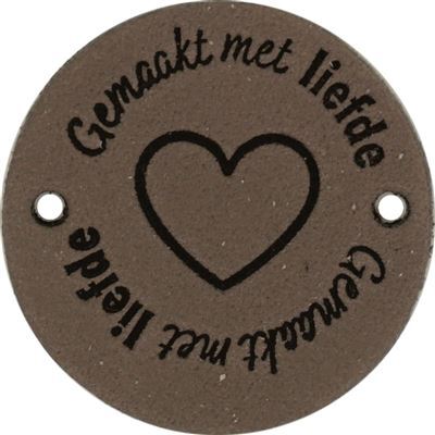 Leren Label rond - gemaakt met liefde 03 bruin grijs 35 mm 2 stuks 